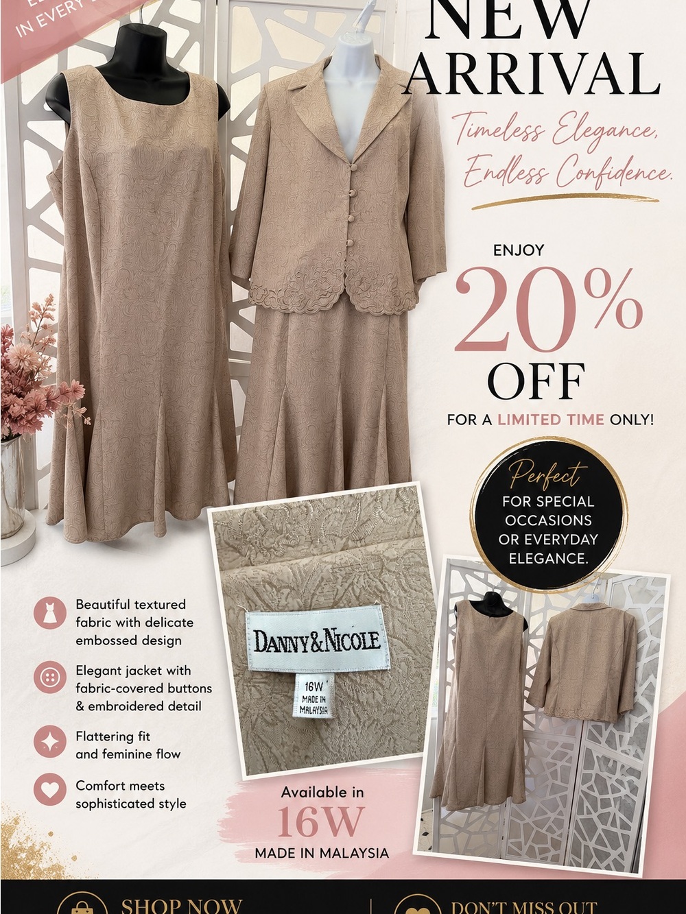 Danny & Nicole Taupe Embossed Two-Piece Jacket & Dress